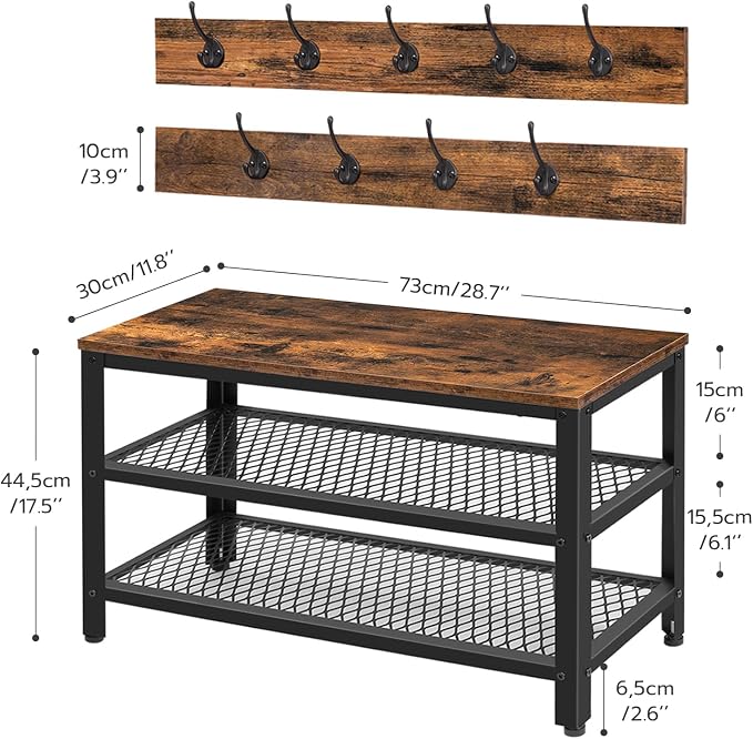 HOOBRO Hall Tree Entryway Storage Bench, Coat Rack Shoe Bench, Shoe Rack Organizer with Coat Hooks, 3-in-1 Design, Wooden Furniture with Metal Frame, Rustic Brown and Black BF17MT01