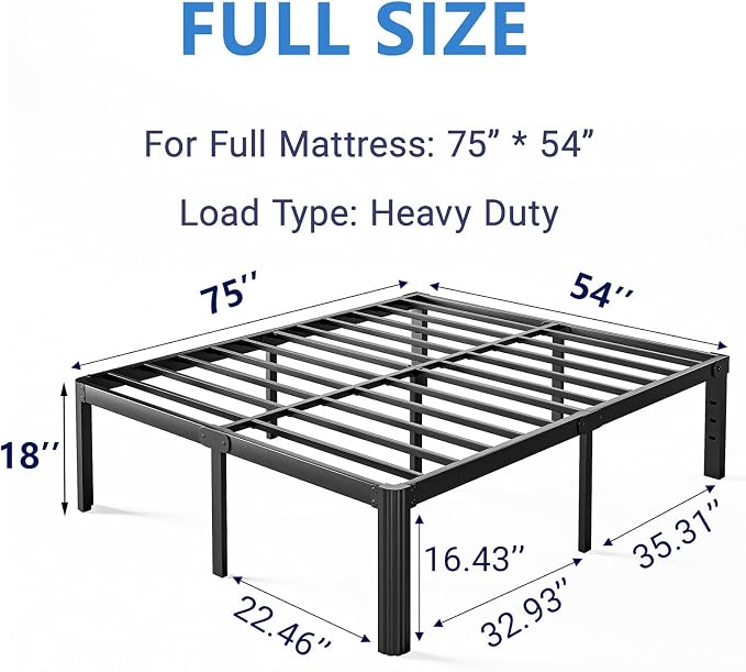 18 Inch High Heavy Duty Full Size Bed Frame Metal, Platform Bed Frame Full Size No Box Spring Needed, Noise Free, Easy Assembly, Black