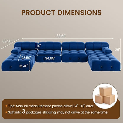 Modern Velvet Sectional Sofa, U Shape Minimalist Modular 6-Seater Couch with 2-Ottomans for Living Room Office Apartment (138in/Blue)