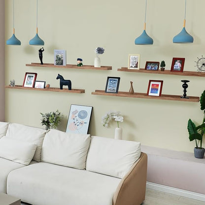 Long Floating Shelves for Wall 47 Inch,Real Wood Picture Ledge Shelf with Lip Set of 4,Photo Frame Storage Display for Living Room Nursery Room Bedroom Bathroom Kitchen Decor(Carbonized Black)