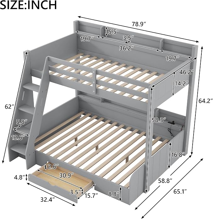 Wood Bunk Bed Twin Over Full Size with Built-in Storage Shelves and Charging Station, Versatile Bunk Bed Frame with Ladder and Guardrail for Kids Teens Adult, Maximize Space (Grey-5.6)