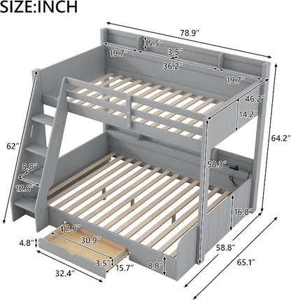 Wood Bunk Bed Twin Over Full Size with Built-in Storage Shelves and Charging Station, Versatile Bunk Bed Frame with Ladder and Guardrail for Kids Teens Adult, Maximize Space (Grey-5.6)
