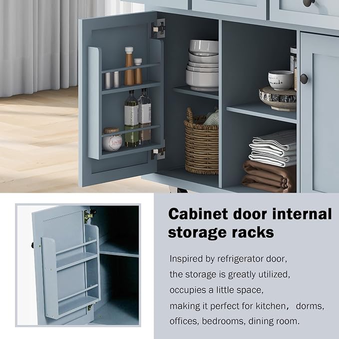 Large Kitchen Island with Rubber Wood Drop Leaf, Rolling Kitchen Cart with Ample Storage on Wheels with Doors and Drawers for Dining Room (Modern Grey Blue, Black Handle, 53Inch)