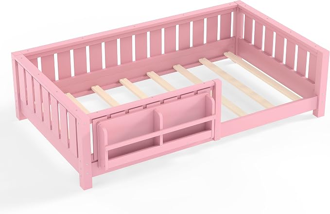 Bellemave Twin Floor Bed with Rails and Slats, Twin Size Montessori Floor Bed with Bookshelf and Fence, Easy Assemble Montessori Beds Frame for Girls, Boys, Pink