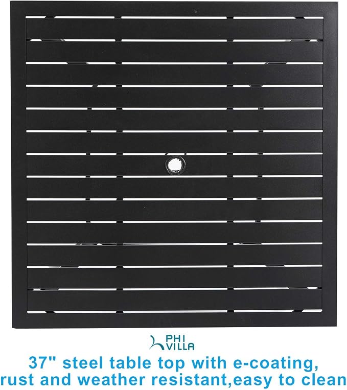 PHI VILLA 5 Pieces Outdoor Dining Set for 4, 37" Black Metal Table with Umbrella Hole & Swivel Wrought Iron Chairs with Cushions, Outside Furniture for Patio, Deck, Yard, Porch