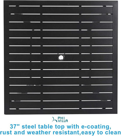 PHI VILLA 5 Pieces Outdoor Dining Set for 4, 37" Black Metal Table with Umbrella Hole & Swivel Wrought Iron Chairs with Cushions, Outside Furniture for Patio, Deck, Yard, Porch