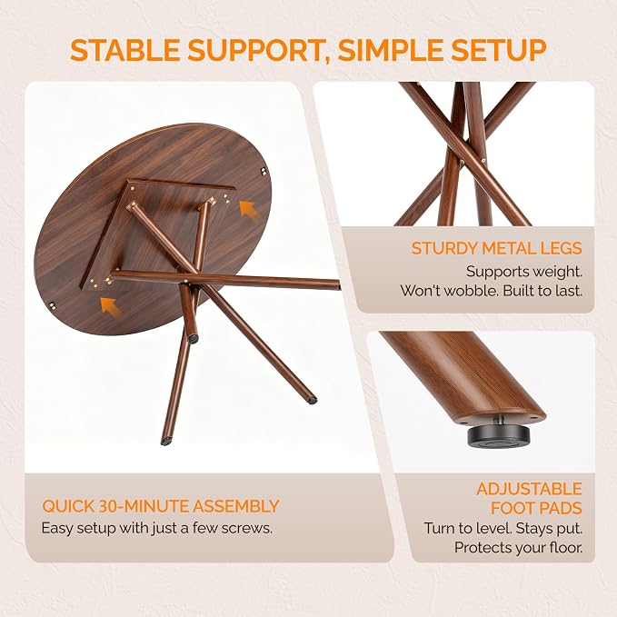 VINGLI 37.5" Round Dining Table for 4, Wood Kitchen Table, Walnut | Cross Metal Leg, Adjustable Feet, Wood Tabletop, Mid-Century Modern Style, for Living Room, Dining Room, Kitchen, Small Place