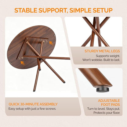 VINGLI 37.5" Round Dining Table for 4, Wood Kitchen Table, Walnut | Cross Metal Leg, Adjustable Feet, Wood Tabletop, Mid-Century Modern Style, for Living Room, Dining Room, Kitchen, Small Place