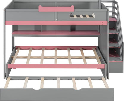 Wood Bunk Bed Full Over Full Size with Storage Staircase and Shelves, Bunk Beds Frame with Trundle and LED for Kids Teens, Space-Saving (Gray-12.15)