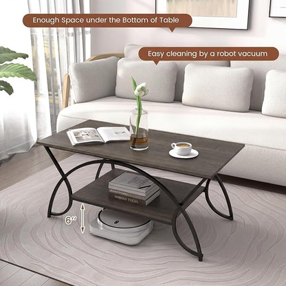 Giantex 2-Tier Coffee Table with Storage, 39.5" Wood Center Table with Open Storage Shelf & Black Finished Metal Frame, Industrial Living Room Table for Small Spaces (Grey Oak)