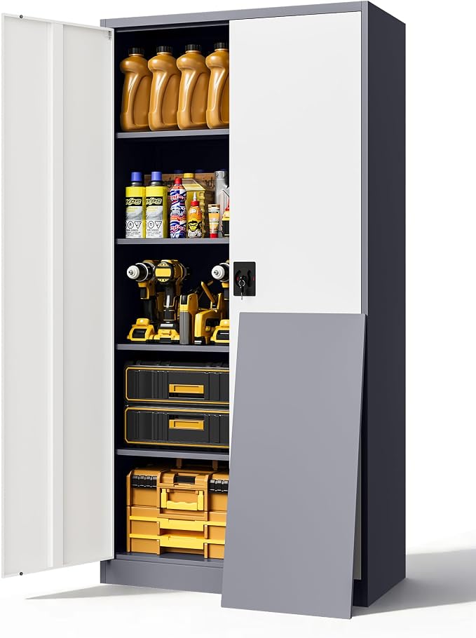 Metal Cabinet,Locking Storage Cabinet with 2 Doors and 5 Adjustbale Shelves,72" Tall Tool Steel Cabinets for Garage,Home Office,School,Gym(Grey & White)