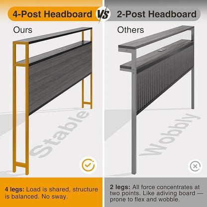 Lifezone Queen Bed Frame with 2-Tier Storage Headboard, Bedroom Metal Bed Frame with 2 Storage Drawers & Fast-Charging Station & LED, Noise-Free, No Box Spring Needed, Easy Assembly, Rustic Grey