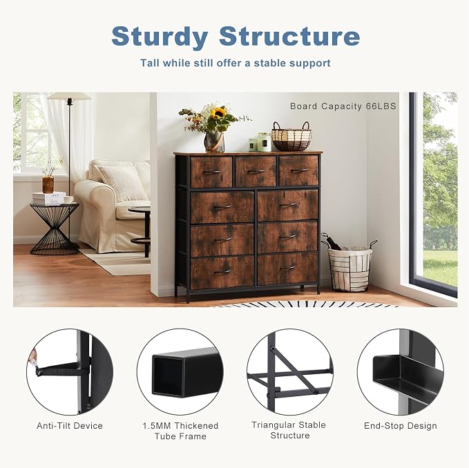 DUMOS 9 Drawer Dresser for Bedroom, Storage Organizer Chest of Drawers | Fabric Bins Storage Tower with Sturdy Metal Frame, Wood Tabletop for Closet, Brown