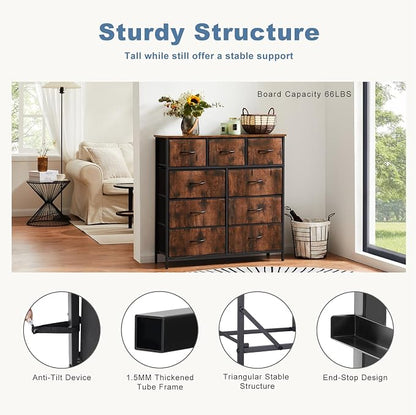 DUMOS 9 Drawer Dresser for Bedroom, Storage Organizer Chest of Drawers | Fabric Bins Storage Tower with Sturdy Metal Frame, Wood Tabletop for Closet, Brown