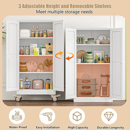 61" H Metal Pantry Storage Cabinet with Wheels,Rolling Kitchen Pantry Cabinet with 2 Doors and 3 Adjustable Shelves, Locker Steel Cabinet,Organization Cabinet for Garage,Home,Gym,School,White