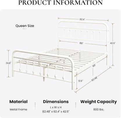 SHA CERLIN Queen Size Metal Platform Bed Frame with Victorian Style Iron-Art Headboard and Footboard, Easy Assembly, Under Bed Storage, No Box Spring Required, Off White