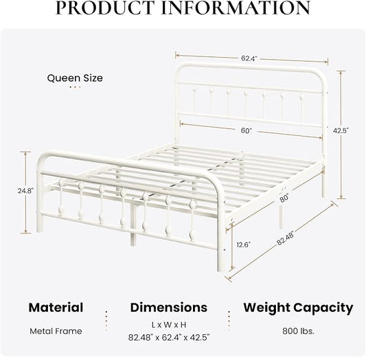 SHA CERLIN Queen Size Metal Platform Bed Frame with Victorian Style Iron-Art Headboard and Footboard, Easy Assembly, Under Bed Storage, No Box Spring Required, Off White