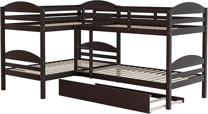Flieks Four L Shaped Bunk Beds Twin-Over-Twin-Over-Twin-Over-Twin with Trundle, Divides into 2 Beds for 5, Family & Teens, No Box Spring Required