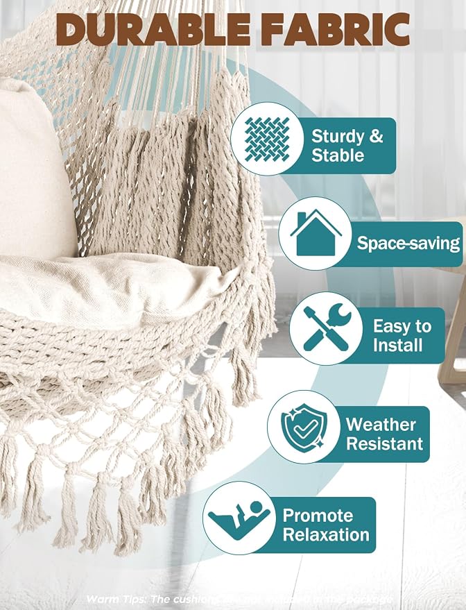 Chihee Hammock Chair Handmade Hanging Chair Cotton Rope Woven Hanging Seat Soft-Spun Large Stretch Hammock Swing, Collapsible Strong Metal Spreader Bar Elegant Macrame Comfort Indoor Outdoor Garden