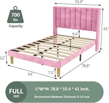 alazyhome Platform Bed Frame Full Size with Upholstered Headboard, Solid Wood Slats Support, No Box Spring Needed, Noise Free, Easy Assembly, Modern Velvet Bed, Pink