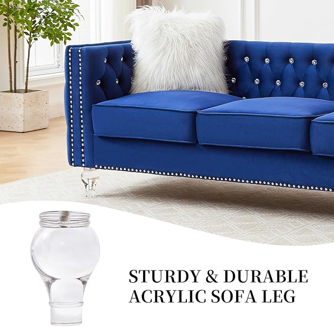 83" Chesterfield Sofa, Velvet Mid-Century Modern Upholstered Couch with 2 Throw Pillows and Acrylic Legs, Nailhead Button Tufted Vintage Sofa for Living Room, Apartment, Office, Blue
