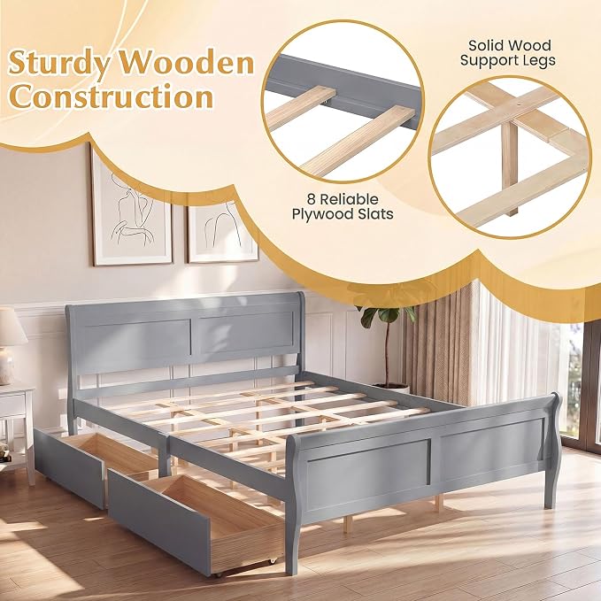 Giantex Queen Bed Frame with 2 Storage Drawers, Wood Platform Bed w/Headboard & Footboard, Wooden Slats Support Mattress Foundation, Sleigh Bedframe for Teens Adults, No Box Spring Needed (Grey)