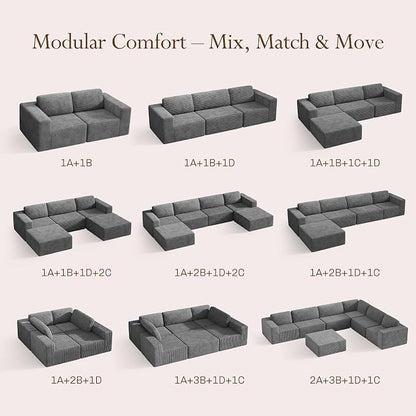Vesgantti 119" L-Shaped Modular Sectional Sofa, Corduroy Cloud Couch with Deep Seating & Spring Support, Flexible Layout Sofa with Ottoman, Boneless Style, No Assembly Required, Grey