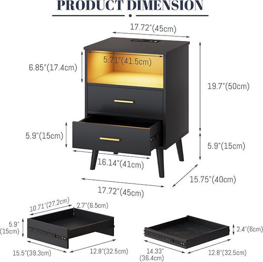 LVSOMT Black Bedroom Nightstand with Charging Station and LED Lights, Modern Bedside Table with Hidded Drawer, Smart Night Stand with Open Storage Shelf, USB Port, Metal Legs