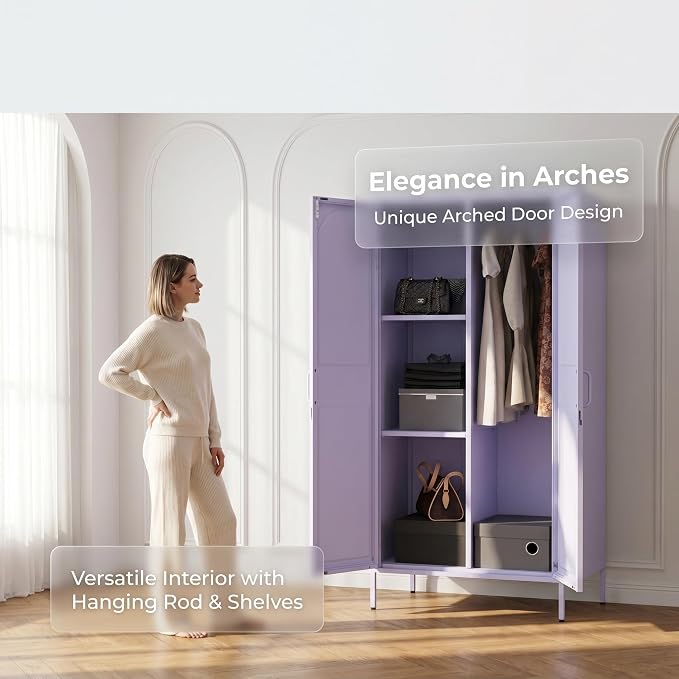 67 Inch Lockable Lavender Purple Metal Storage Wardrobe, French Retro Arched Door Steel Closet with Hanging Rod & Adjustable Shelves for Bedroom Office Size：67" H x 31.5" W x 18.1" D