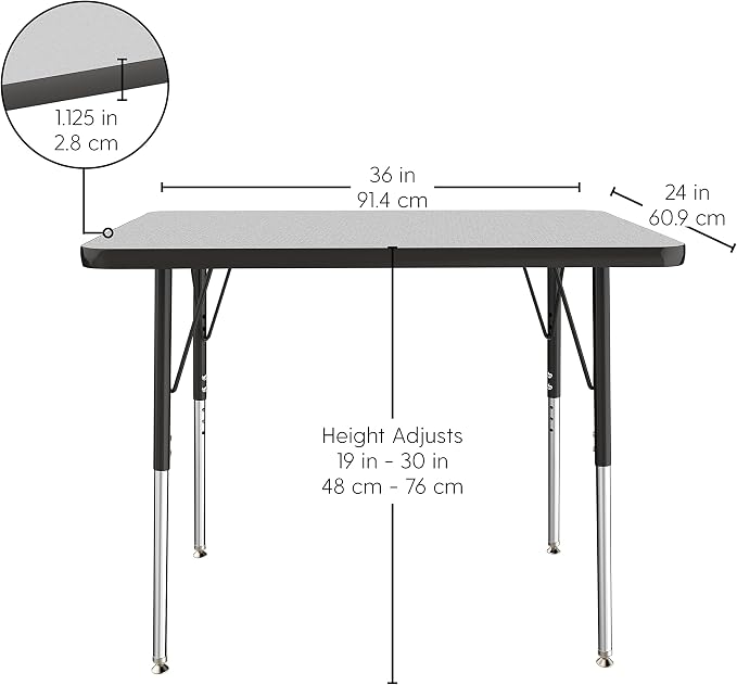 FDP Rectangle Activity School and Office Table (24 x 36 inch), Standard Legs with Swivel Glides, Adjustable Height 19-30 inches; Quick Ship Single Box - Gray Top and Black Edge