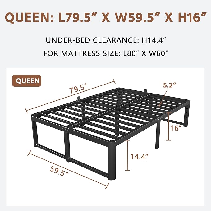 ZTH Queen Size Metal Platform Bed Frame 16 in, No Box Spring Needed, Black | Heavy duty support, Underbed storage, Noise-free design, Anti-slip clips, Rounded legs, Easy assembly, Headboard compatible