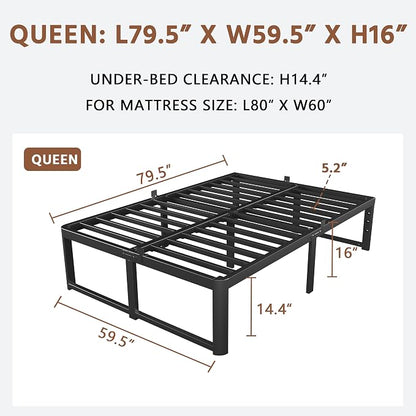 ZTH Queen Size Metal Platform Bed Frame 16 in, No Box Spring Needed, Black | Heavy duty support, Underbed storage, Noise-free design, Anti-slip clips, Rounded legs, Easy assembly, Headboard compatible