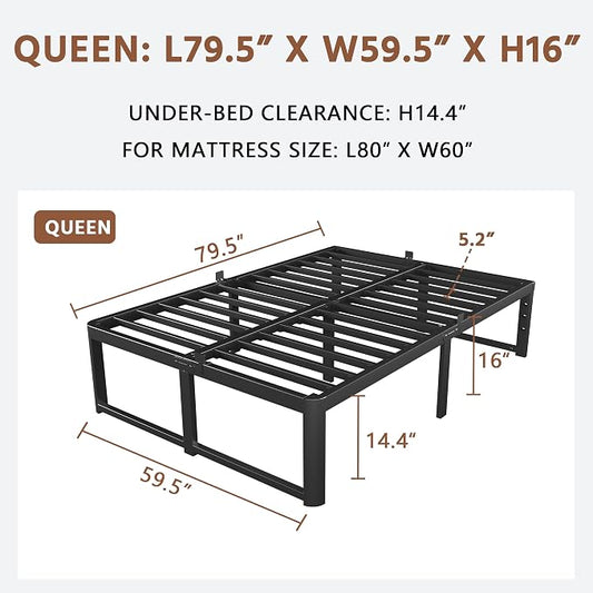 ZTH Queen Size Metal Platform Bed Frame 16 in, No Box Spring Needed, Black | Heavy duty support, Underbed storage, Noise-free design, Anti-slip clips, Rounded legs, Easy assembly, Headboard compatible