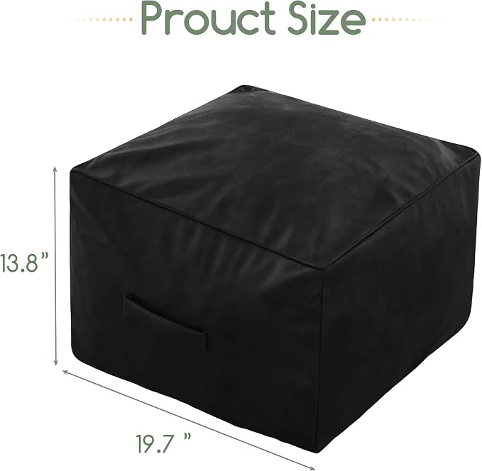 HIGOGOGO Square Stuffed Pouf Ottoman, Pu Leather Poufs with Foam Chunk Filling, Furry and Fluffy Pouf Foot Stool Storage Ottoman,20 X 14 Inches Floor Poufs Foot Rest for Living Room, Black