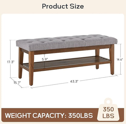 HUIMO Entryway Shoe Bench, End of Bed Bench,Upholstered Button-Tufted Bench for Kitchen, Fabric Ottoman Bench for Living Room, Padded Bench with Solid Wood Shelf,Grey