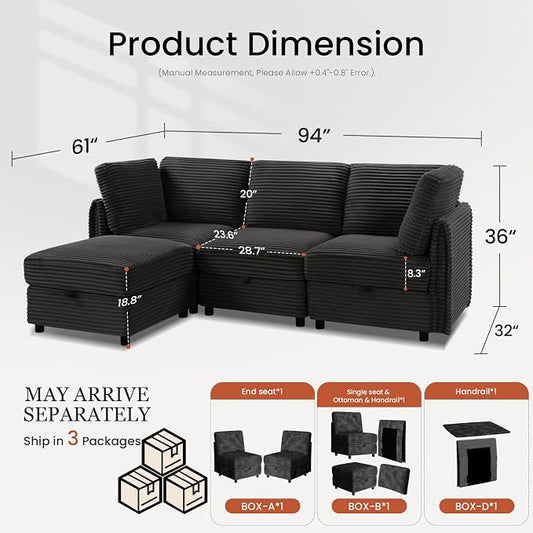 KKL Modular Sectional Sofa L-Shaped 4 Seater Couch with Storage Ottoman, Plush Wide-Wale Corduroy Couch for Living Room, Apartment, Modern Design, Black