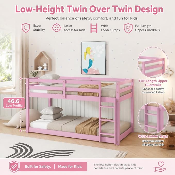 Twin Over Twin Bunk Bed, Low Profile Wooden Frame for Kids Bedroom, Floor Bunk with Ladder and Guardrails, Rubber Wood Construction, 13 Plywood Slats, No Box Spring Needed (Pink)