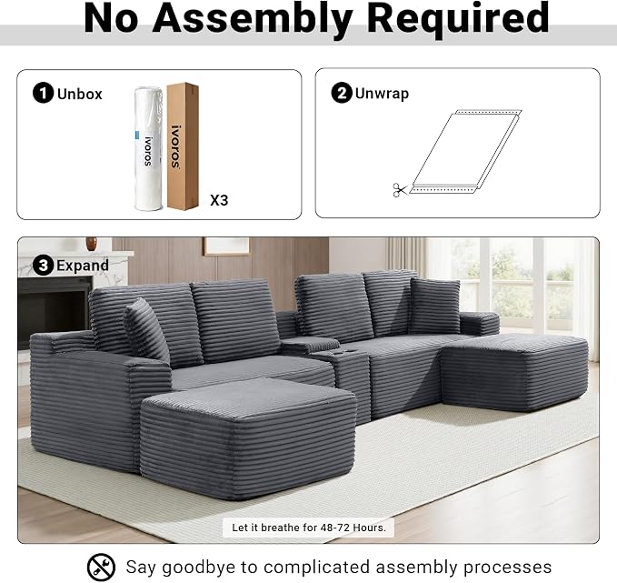 ivoros 150 Inch Modular Sectional Sofa Couch, Oversized Modern Cloud Couch for Living Room, U Shape Couches with 2 Ottomans, USB Ports and Cup Holders, Grey Corduroy Boneless Sofas, Sofa in a Box