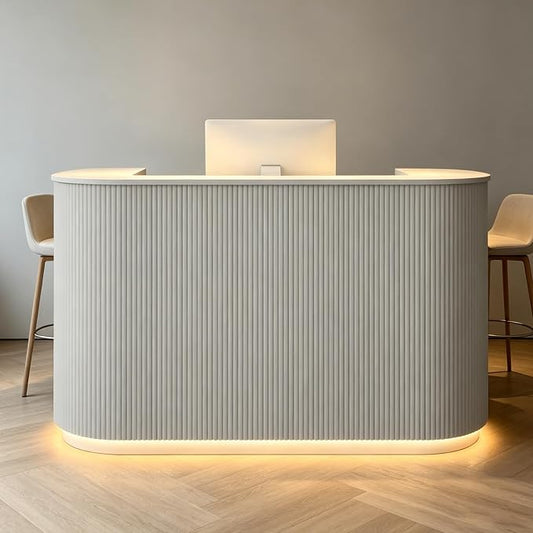 Modern Reception Desk Check Out Counter Front Desk for Spa Salon Office | Power Outlet Lockable Cabinet Keyboard Tray Privacy Panel Cable Grommet Open Storage Storage Cabinet