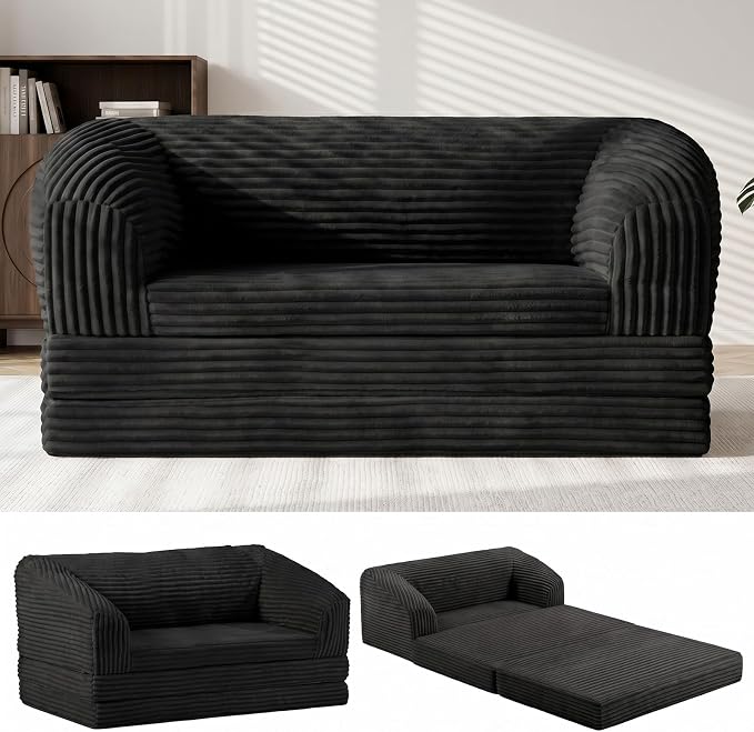JUIKURY Convertible Sofa Bed, 3-in-1 Foldable Loveseat Couch with Armrest, Corduroy Floor Sofa & Sleeper Bed, No Assembly High-Density Foam Futon Mattress for Living Room, Small Apartment, Dorm