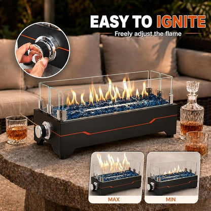 GRISUN Tabletop Fire Pit,20 Inch Propane Fire Pit Table,40000 BTU Table Top Firepit with Glass Wind Guard,Stainless Steel Burner,Fire Glass,Portable Propane fire Pit for Patio, Camping, Backyard & RV