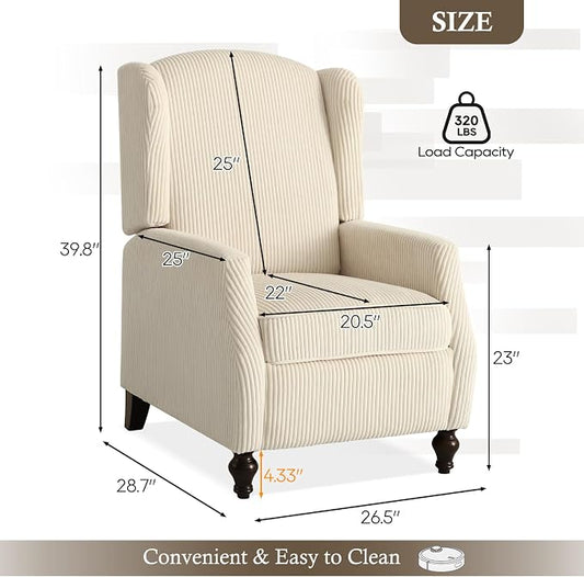 Upholstered Wingback Recliner Chair, Cozy Corduroy Manual Push Back Recliner for Living Room, Bedroom (2, Beige)