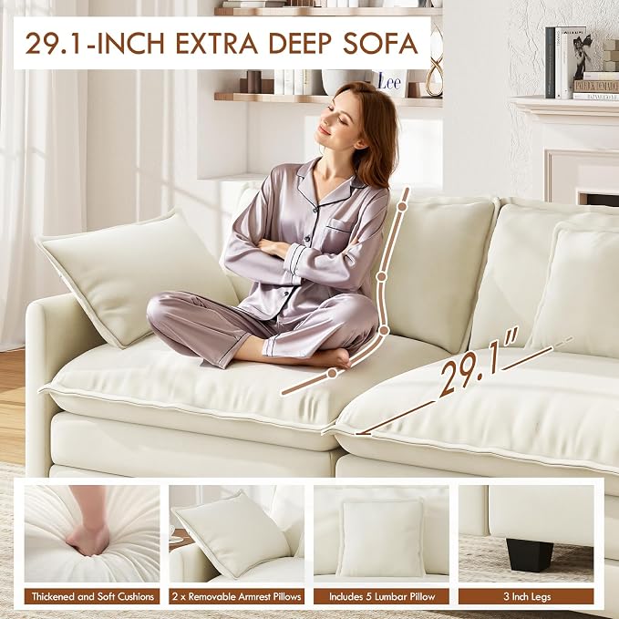 WorthFurni 114” Oversized Modular Sectional Sofa, 5-Seater V Shaped Cloud Couch Set, Comfy Chenille Deep Seat Sofa with 5 Throw Pillows, DIY Combination for Living Room (Beige)