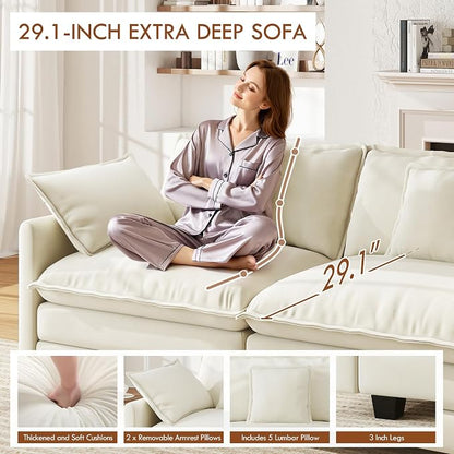 WorthFurni 114” Oversized Modular Sectional Sofa, 5-Seater V Shaped Cloud Couch Set, Comfy Chenille Deep Seat Sofa with 5 Throw Pillows, DIY Combination for Living Room (Beige)