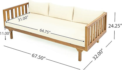 Merax Outdoor Acacia Wood Conversation Set - Patio 3-Seat Loveseat Sofa w/Coushion and Round Coffee Table for Backyard, Lawn, Balcony, Beige +Teak