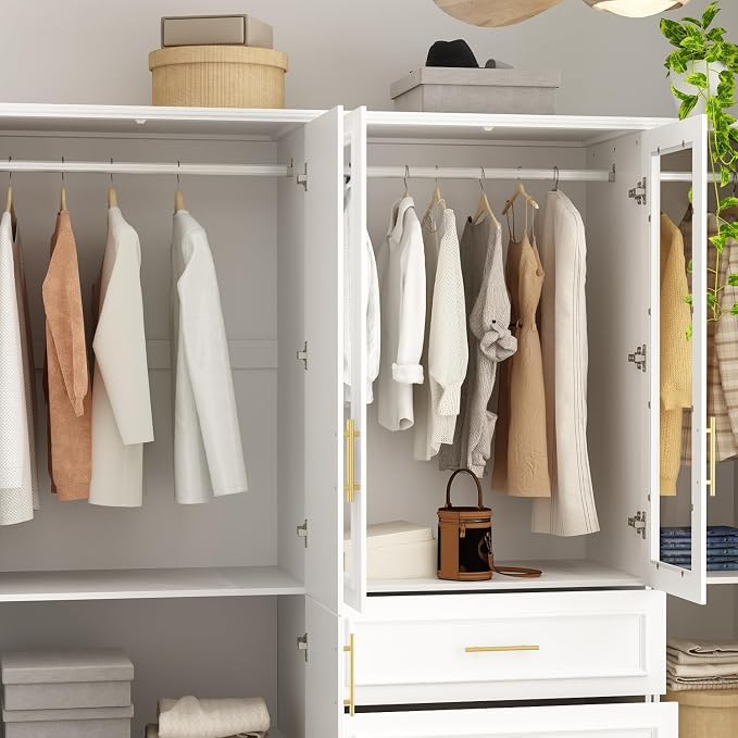WOODTIME Wardrobe Closet with 3 Hanging Rods, 8 Framed Doors & 3 Drawers, Modern Wooden Armoire with Glass Doors & 7 Shelves, Clothes Storage Cabinet Organizer for Bedroom, White