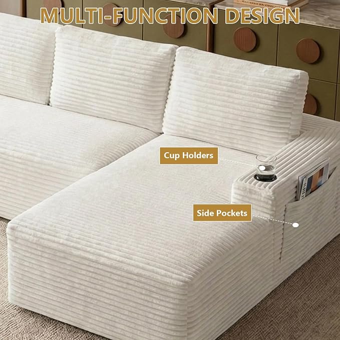 104" Cloud Sectional Couch L-Shaped with Side Pockets Cup Holders, Corduroy Boneless Couch for Living Room,Upholstered Deep-Seat Modular Sectional Sofa,No Assembly Required (White,Right Facing Chaise)