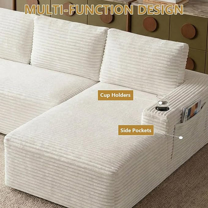 104" Cloud Sectional Couch L-Shaped with Side Pockets Cup Holders, Corduroy Boneless Couch for Living Room,Upholstered Deep-Seat Modular Sectional Sofa,No Assembly Required (White,Right Facing Chaise)