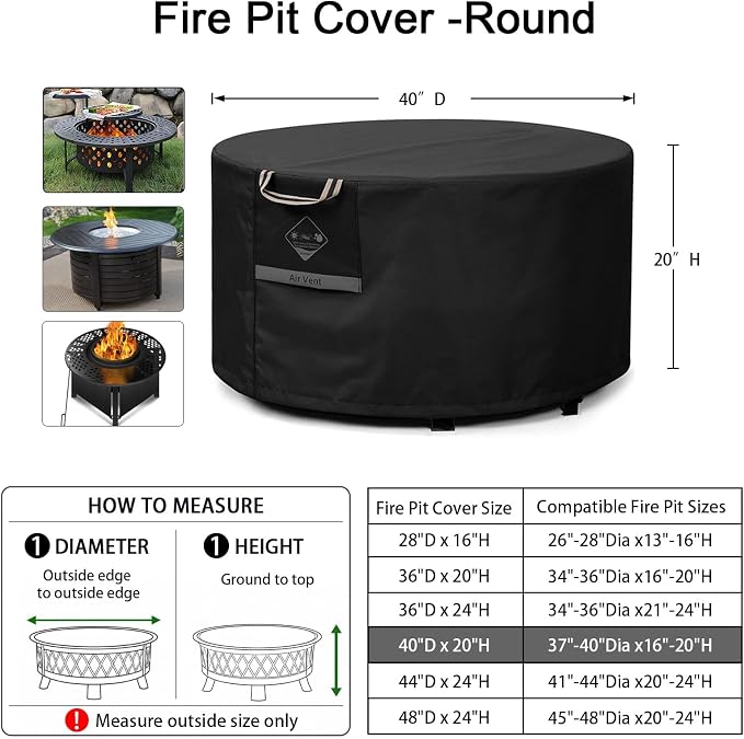 QH.HOME Fire Pit Cover Round Super Waterproof, 40 inch Outdoor Round Firepit Cover 600D Strong Tear Resistant, UPF 50+ Fire Pit Covers Premium Fading Resistant for Outdoor Fire Pit - Black