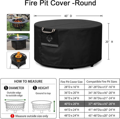 QH.HOME Fire Pit Cover Round Super Waterproof, 40 inch Outdoor Round Firepit Cover 600D Strong Tear Resistant, UPF 50+ Fire Pit Covers Premium Fading Resistant for Outdoor Fire Pit - Black